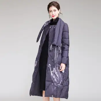 Nuolaidų akcijas Žiemos kinų stiliaus natūralaus kailio ančių pūkų paltai bendrosios moterų krūtinėmis retro šiltas žemyn kailis su skara wq347