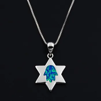 Ocean Blue Opal Žvaigždė Davidas Žydų Hamsa Vertus, Religijos Karoliai Pakabukas su Lab-sukurtas Opal