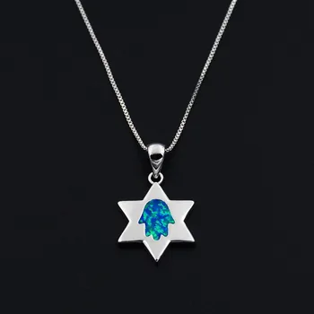 Ocean Blue Opal Žvaigždė Davidas Žydų Hamsa Vertus, Religijos Karoliai Pakabukas su Lab-sukurtas Opal