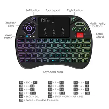 Originalus Rii X8 2.4 GHz ispanų Mini Wireless Keyboard su Touchpad, keičiami spalvos LED Apšvietimu, Li-ion Baterija TV Box