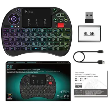 Originalus Rii X8 2.4 GHz ispanų Mini Wireless Keyboard su Touchpad, keičiami spalvos LED Apšvietimu, Li-ion Baterija TV Box