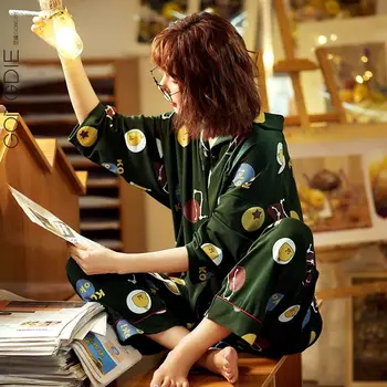 Pajama Komplektai Moterų Saldus Pledas Paprasta Korėjos Mygtuką Pavasario Ilgomis Rankovėmis Moksleivės Sleepwear Žiemos Minkštas Mados Mielas Panele Pajama