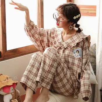 Pajama Komplektai Moterų Saldus Pledas Paprasta Korėjos Mygtuką Pavasario Ilgomis Rankovėmis Moksleivės Sleepwear Žiemos Minkštas Mados Mielas Panele Pajama