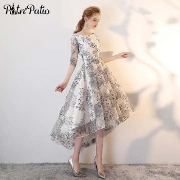 Paprasta Aukštas Žemas Vakaro Suknelės Ilgai 2018 Elegantiškas O-kaklo Pusė Rankovėmis ir Nėrinių Prom Dresses Baigimo Plius Dydis