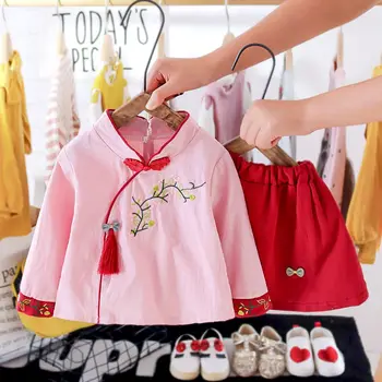 Pavasario/Rudens Mergaičių Suknelė Naują Stiliaus Cheongsam Dviejų dalių Vaikų Retro Hanfu Sijonas Baby Princess Dress