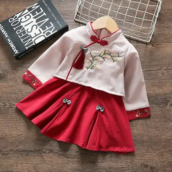 Pavasario/Rudens Mergaičių Suknelė Naują Stiliaus Cheongsam Dviejų dalių Vaikų Retro Hanfu Sijonas Baby Princess Dress