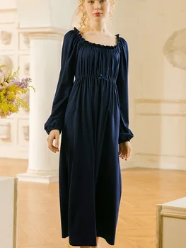 Pavasarį, Rudenį Baltas /Navy Spalva Vintage Sleepwear Ilgomis Rankovėmis Elegantiškas Moteris Princesė Ilgai Nightgowns Plius Dydis Naktį Suknelė