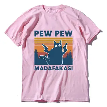 Pew Pew Madafakas Marškinėliai Naujovė Funny Cat Derliaus Įgulos Kaklo moteriški Marškinėliai Juokingi Marškinėliai Humoro Gif
