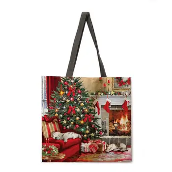 Pečių maišą ponios šuo ir Kalėdų eglutės spausdinti atsitiktinis nešti maišą lininis audinys tote krepšys sulankstomas pirkinių krepšys daugkartinio naudojimo paplūdimio krepšys