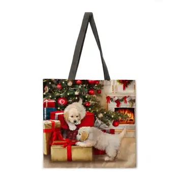 Pečių maišą ponios šuo ir Kalėdų eglutės spausdinti atsitiktinis nešti maišą lininis audinys tote krepšys sulankstomas pirkinių krepšys daugkartinio naudojimo paplūdimio krepšys
