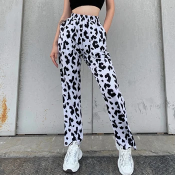 Pieno Karvė Spausdinti Harajuku Moterų Elastinga Aukštos Juosmens Y2k Kelnės Moterims Kaklaraištis Dažų Sweatpant Ilgų Tiesių Kelnių Capri Streetwear