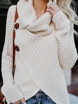 Plius Dydis Moterų Džemperis Moterims Golfo Megztinis Rudenį, Žiemą Priežastinis Mygtukai Moterų Megzti Megztinis Nereguliarus Mados Kailis