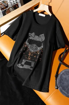 Plius Dydis Moterų Estetinės Drabužius Vasarą Cartton Kiaulių Deimantų T-shirt Ropa Mujer Gręžimo Streetwear Marškinėlius Juoda Viršūnes Tees T183