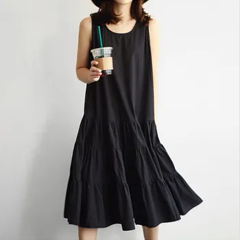 Plius dydis M-7XL vasarą naujas mados berankovis bakas suknelė medvilnės skalbiniai kietas atsitiktinis O Kaklas ilgas-Line raukiniai 2020 streetwear