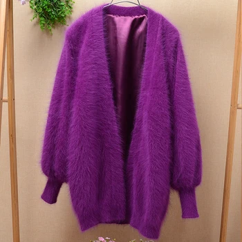 Ponios moterų žiemos kašmyro audinių vidutinio ilgio mados originali prarasti žibintų ilgą rankovėmis megzti megztinis kailis kailis susagstomi megztiniai