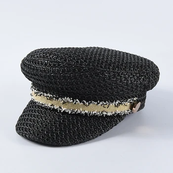 Prabangos Prekės ženklo Dizainas Karinės Kepurės Rankomis megztus Moterų Šiaudų Newsboy Kepurės Su Populiarių Diržo Aukštos Kokybės Orui Skydelis Bžūp