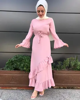 Prakaito Musulmonų Domino Pynimas Suknelė Moterims vientisos Spalvos Nėriniai-up Slim Maxi-line Suknelės Moroccak Kafan Elegantiškas Vestidos Islamo