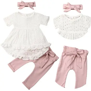Pudcoco Baby Girl Drabužių Rinkiniai 3pcs Naujagimių Nėrinių Kietas Marškinėliai Topai+Kelnės+Lankelis Komplektai rinkinys roupa bebe Mielas Rinkinys