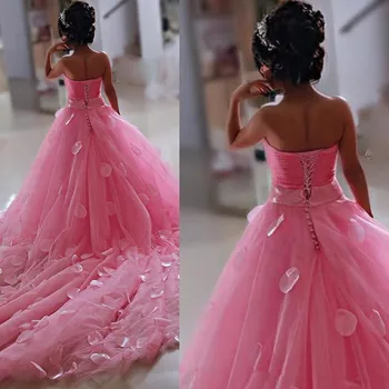 Puikus Rausvos spalvos, Mažai Gėlių Mergaičių Suknelės Nėriniai 3D Rankų darbo Gėlės Rankovių Koplyčia Traukinys su Big Bowk Peagent Suknelės