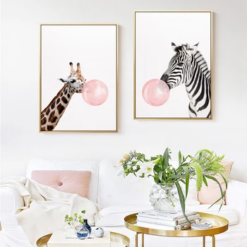 Pučia Burbulą Žirafa, Zebras Padengti Drobės Tapybos Rožinė Plakatai Ir Spausdina Sienos Menas Nuotraukas Kambarį Šiaurės Šalių Namų Dekoro