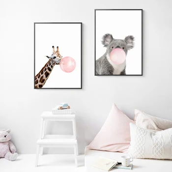 Pučia Burbulą Žirafa, Zebras Padengti Drobės Tapybos Rožinė Plakatai Ir Spausdina Sienos Menas Nuotraukas Kambarį Šiaurės Šalių Namų Dekoro