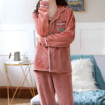 Pyjama pour femme Ponios Mados Flanelė Kietas Spausdinti Kišenėje ilgomis Rankovėmis+ Ilgos Kelnės Pajama Kostiumas