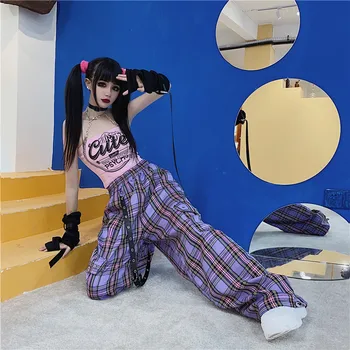 QWEEK Punk Harajuku Languotas Kelnes Moterims Goth Hipių Pledas Kelnės Hip-Hop Krovinių Kelnės Indie Estetinės 2000-ųjų korėjos Plačios Kelnės