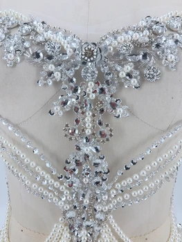 Rankų darbo sidabro siūti peal Cirkonio aplikacijos ant balto tinklelio, kristalai, dėmės apipjaustymas 38*45cm vestuvių suknelė priedų