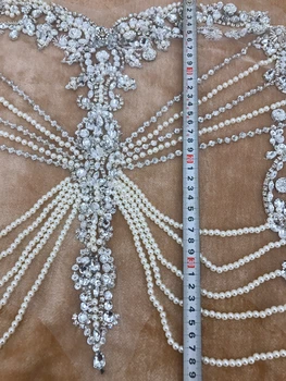 Rankų darbo sidabro siūti peal Cirkonio aplikacijos ant balto tinklelio, kristalai, dėmės apipjaustymas 38*45cm vestuvių suknelė priedų
