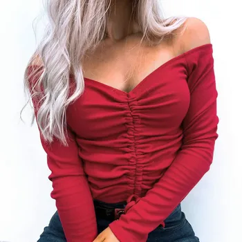 Raukšlėta 2020 m. Rudenį Moterų Sexy Raišteliu marškinėliai Gilia V-kaklo, ilgomis Rankovėmis Raudona Viršūnes Tees Mezgimo Lady Outwear T Shirts G1944