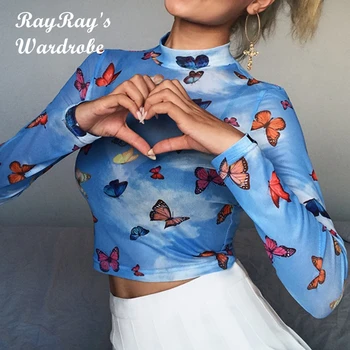 RayRay Moterų Drugelis Akių Marškinėliai Žr.-per Seksuali Viršūnes ilgomis Rankovėmis Moteriška Plonas Skaidrus Camiseta Mujer Šalies Klubas Y2k Dėvėti