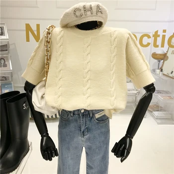Retro twist trumpomis rankovėmis Džemperis cardigan Moterų žiemos 2020 Dizaino prasme Apvalios kaklo Plonas Temperamentas megzti dugno marškinėliai
