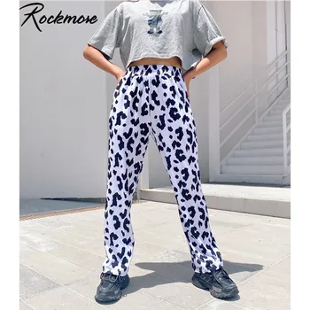 Rockmore Elastinga Aukštos Juosmens Pieno Karvė Spausdinti Kelnės Moterims Harajuku Streetwear Tiesiai Prarasti Poilsiu Kelnės Pantalon Femme Kelnės