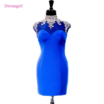 Royal Blue 2017 Elegantiškas Kokteilių Suknelės Apvalkalas, Bžūp Rankovėmis, Trumpus Mini Kristalai Zawalcowany Atvira Nugara Homecoming Suknelės