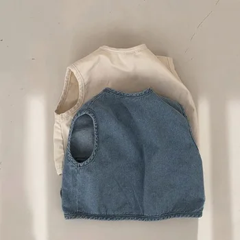Rudenį 2020 m. vaikų drabužių sprogimo modeliai berniukų ir mergaičių mados kišenės apvalios kaklo laukinių džinsinio audinio liemenė liemenė