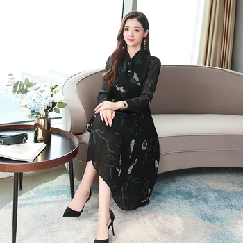 Rudenį, Pavasarį Moterims Gėlių Spausdinti Slim Black Lady Suknelė Elegantiškas Atsitiktinis Biuro Ilga Suknelė Retro Ilgomis Rankovėmis Korėjos Kilimo Ir Tūpimo Tako Vestidos