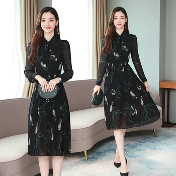 Rudenį, Pavasarį Moterims Gėlių Spausdinti Slim Black Lady Suknelė Elegantiškas Atsitiktinis Biuro Ilga Suknelė Retro Ilgomis Rankovėmis Korėjos Kilimo Ir Tūpimo Tako Vestidos