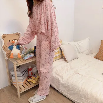 Rudenį ilgomis rankovėmis moterų pižama 2 dalių komplektas medvilnė minkšta laisvi namų drabužių ponios pižamos vyšnių sleepwear loungewear Y008