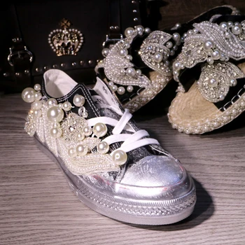 Rudenį naujų Tailando mados batai mados blizgančiais perlo diamond purvinas drobės bateliai