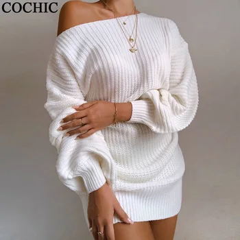Rudenį, Žiemą šilta suknelė vientisa spalva moterys Mergina atsitiktinis stebėjimo žibintų rankovėmis megzti megztinis sukneles