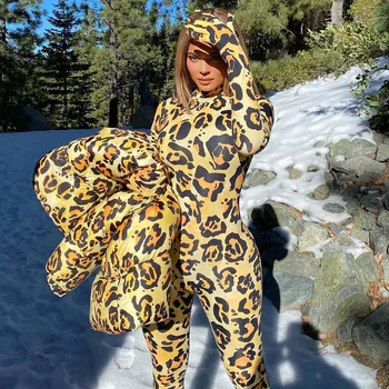 SEZONAI Medvilnės Burbulas Puffer Coat Žiemos Gobtuvu, Užtrauktukas, Šiltas Parkas Moterų Leopardas Spausdinti Viršutiniai drabužiai Atsitiktinis Negabaritinių Striukė ACO82390