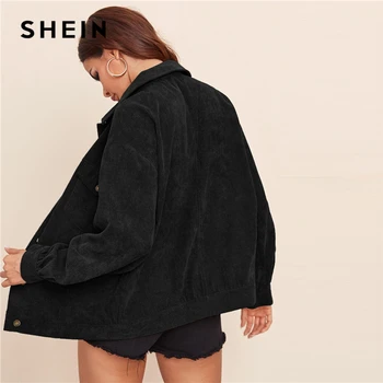 SHEIN Atvartu Kišenėje Lašas Pečių Velvetas Kailis Moterų 2020 M. Rudenį ilgomis Rankovėmis Mygtuką Priekyje Kieti Outwear Atsitiktinis Paltai