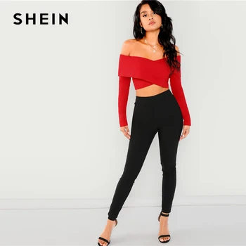 SHEIN Raudona Elegantiškas darbo drabužiai Užtrauktukas Atgal nuo Peties nuo Peties Pasėlių Kietas Palaidinė 2018 M. Rudenį Seksualus Moterims Topai Ir Palaidinės