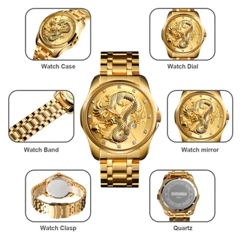SKMEI Viršuje Prabangos Prekės ženklo Vyrai Žiūrėti Golden Dragon Kvarciniai Laikrodžiai Vyrams, Vandeniui Data Ekranas Nerūdijančio Plieno Dirželis Laikrodis Vyras