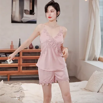 Satino Pižama Moterims Sleepwear 3pcs Atitiktų Naujus 2020 Metų Vasaros Pijama Mujer Sexy Nėrinių Lingerie Moterų Pyjama Satino Pajama Nustatytas Naktį