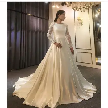 Satino Vestuvių Suknelė Prabanga 2021 Ilgomis Rankovėmis Nuotakos Suknelė Su Royal Traukinio Puošnus, Baltos Spalvos Nėrinių Kristalų Duobute Scoop Grakščių
