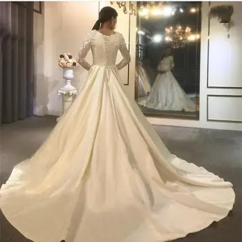 Satino Vestuvių Suknelė Prabanga 2021 Ilgomis Rankovėmis Nuotakos Suknelė Su Royal Traukinio Puošnus, Baltos Spalvos Nėrinių Kristalų Duobute Scoop Grakščių