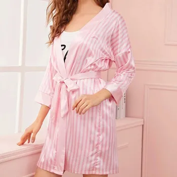Satino, Šilko Juostele Pižama Moterų Nightdress Lady Pižamą Seksualus Chalatas Pyjama Homewear Moteriškas Chalatas Sleepwear Viršūnes Moterų Drabužiai