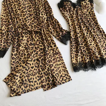 Seksualus Leopardas Spausdinti Šilko Pižamą Nustatyti Ponios Satino Cardigan Nightdress Chalatas Patogus Pagundai Mados Nightdress F04*