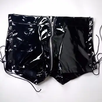 Seksualus apatinis trikotažas Šortai Vyrams Latekso ir PVC atvira tarpkojo užtrauktukas Šortai, antblauzdžiai Fetišas Gėjų Dirbtiniais Odos Nėrinių Tvarstis Kelnes clubwear